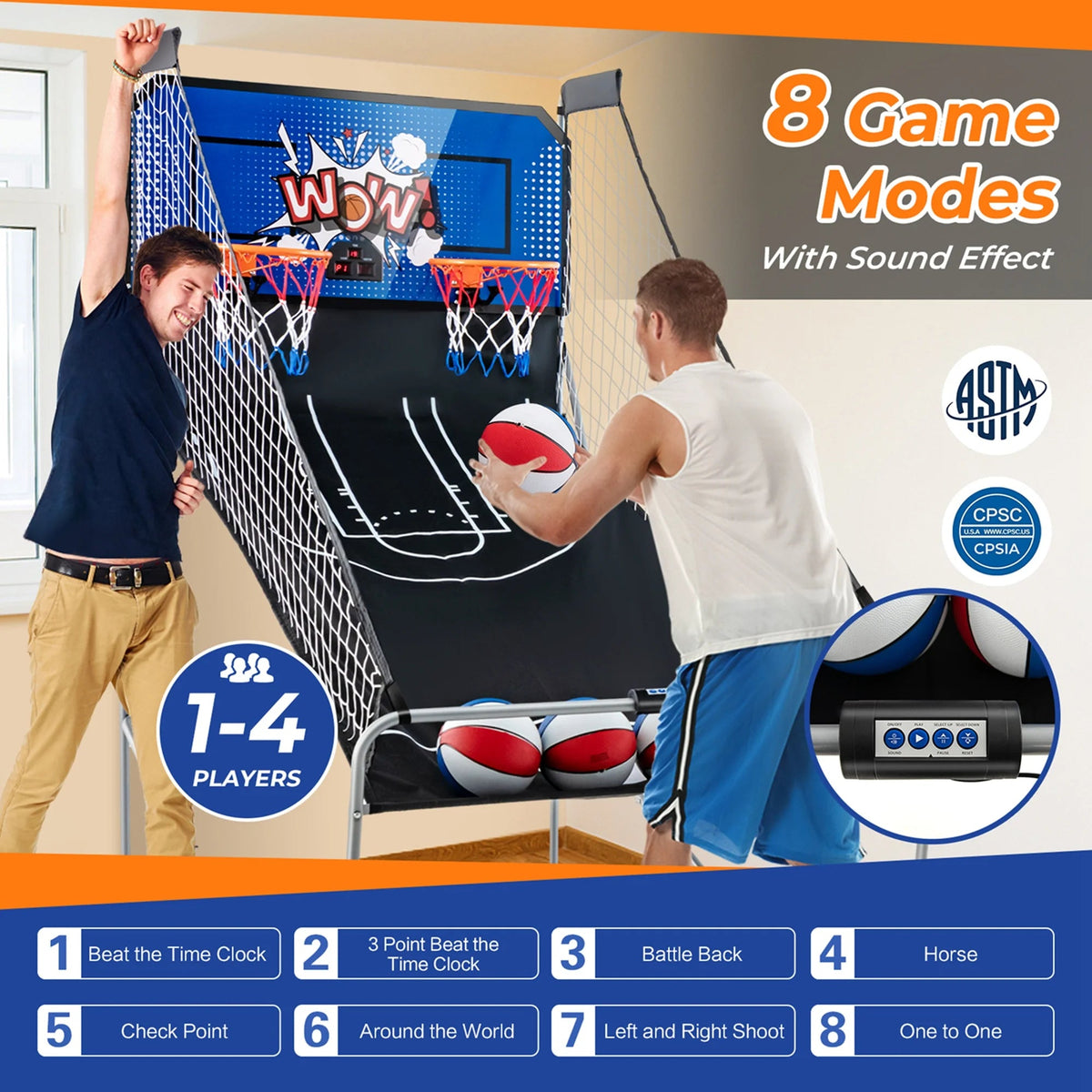 Costway Dual Shot Basketball Arcade Game, Blue, 8 Game Modes, 81in x 43in x 81in