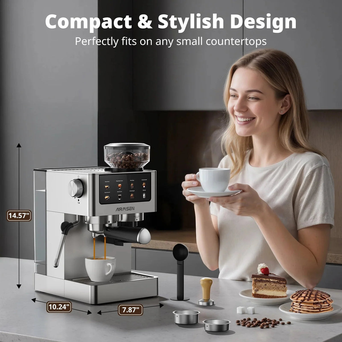 AIRMSEN Espresso Machine With Grinder, 20-Bar, 1350W, 63oz, Brushed Stainless Steel