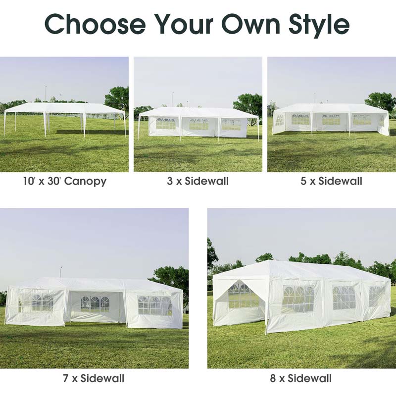 Outdoor Party Wedding Event Canopy Tent, 10 ft x 30 ft, White, 6 Removable Sidewalls, 2 Doorways