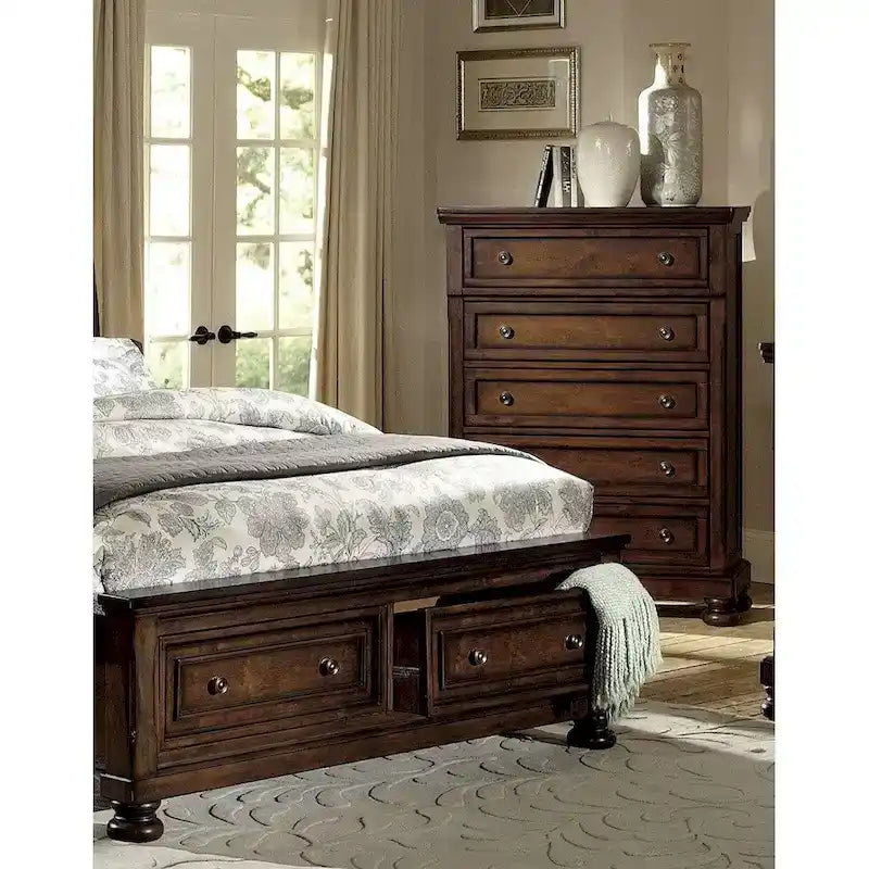 5-Piece Classic Brown Cherry Platform Storage Bedroom Set