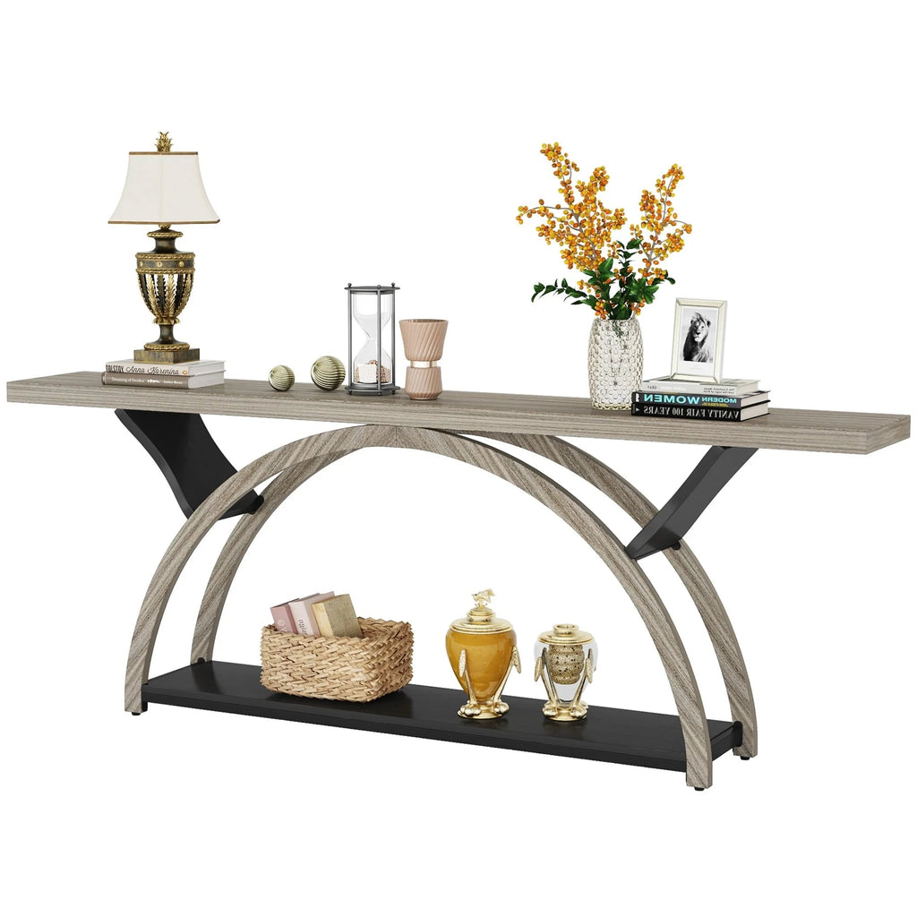 2-Tier Slim Console Sofa Table, Engineered Wood and Metal - 11.81 in D x 70.87 in W x 33.46 in H