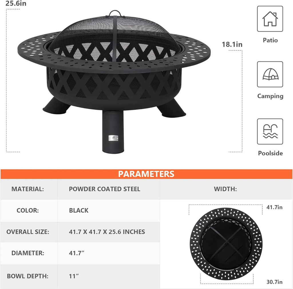 SUNCREAT 42-Inch Wood Burning Patio Fire Pit, Black, 42.1 Inch Diameter x 25.2 Inch High