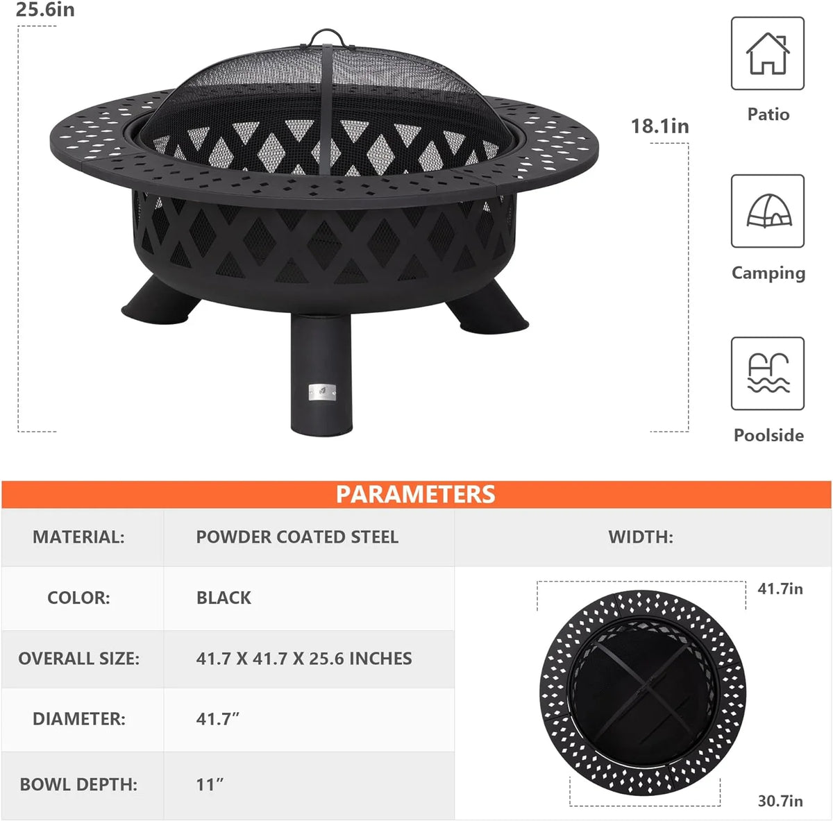 SUNCREAT 42-Inch Wood Burning Patio Fire Pit, Black, 42.1 Inch Diameter x 25.2 Inch High