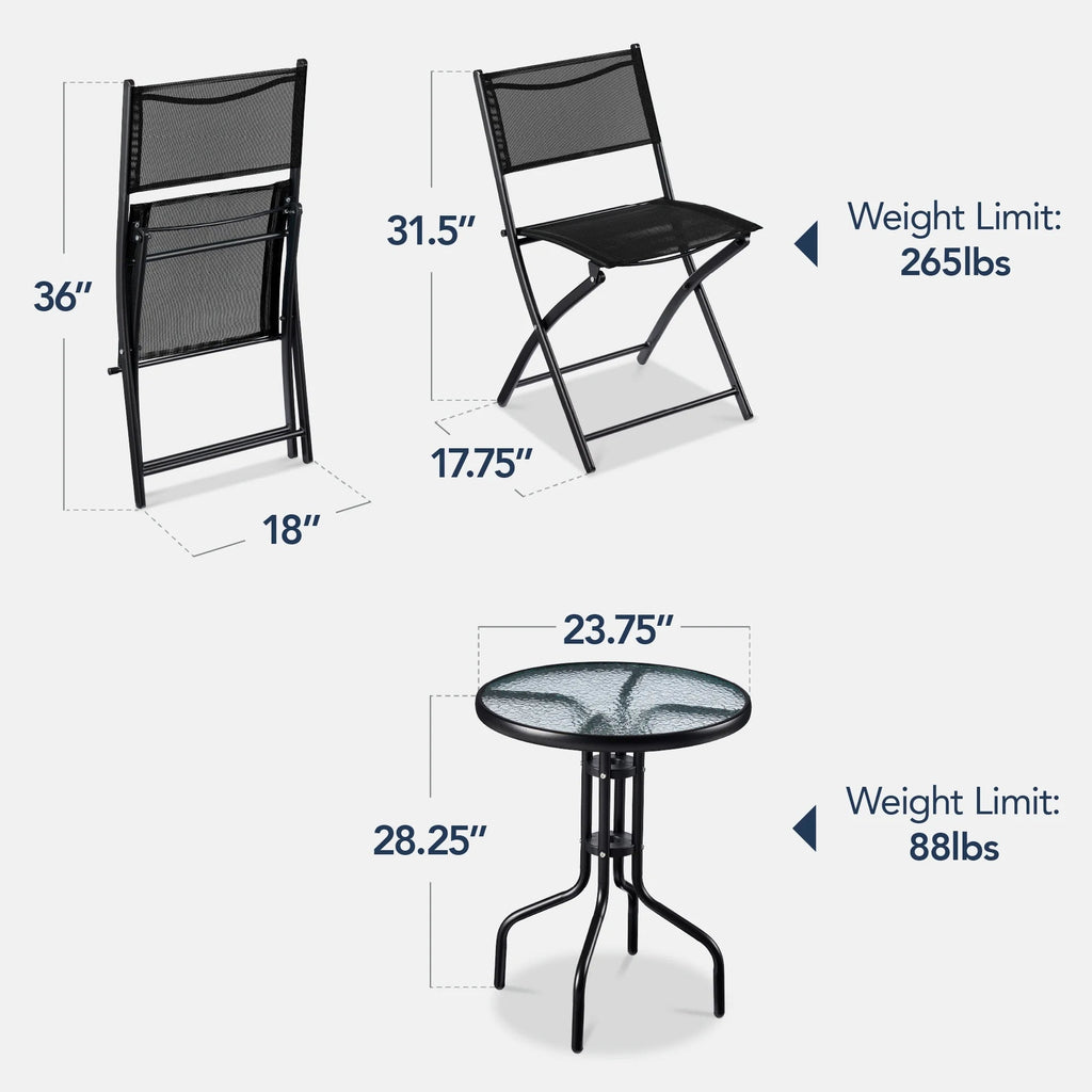 Best Choice Products 3-Piece Patio Bistro Dining Set With Glass Tabletop And Folding Chairs - Gray