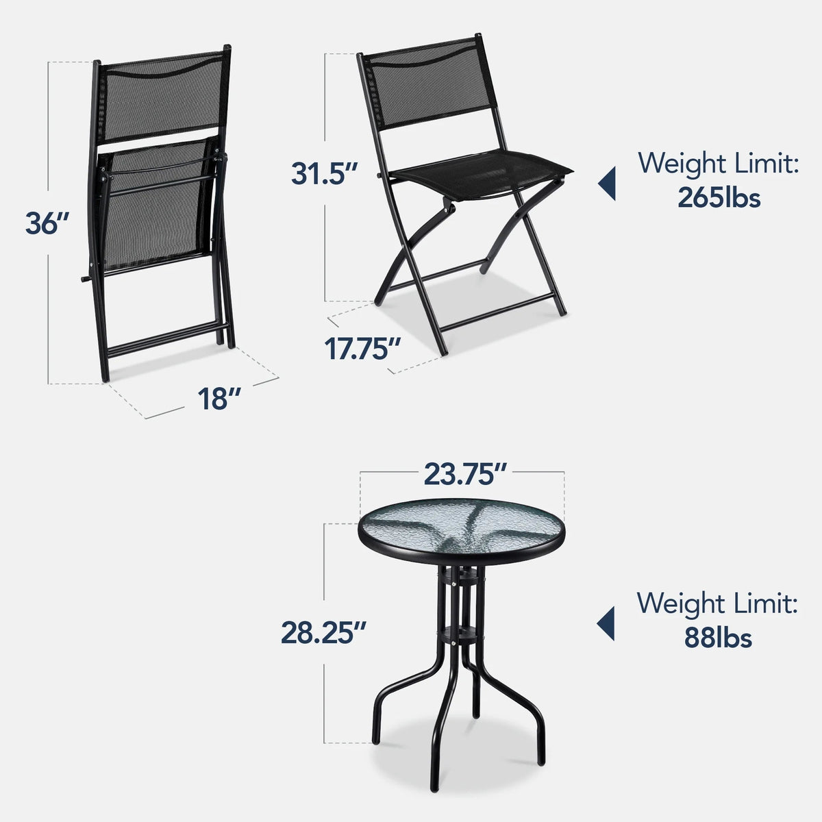 Best Choice Products 3-Piece Patio Bistro Dining Set With Glass Tabletop And Folding Chairs - Gray