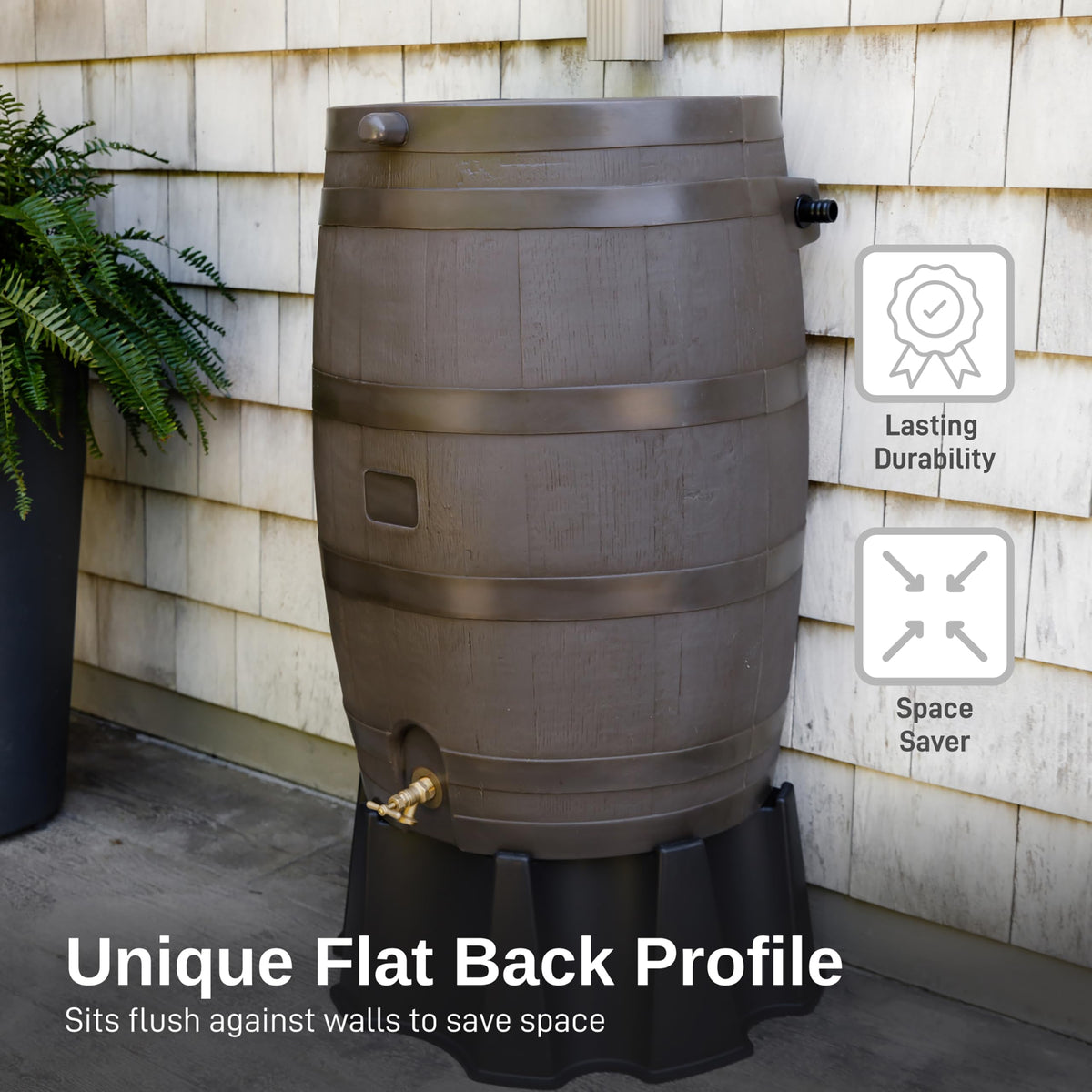 50 Gallon Rain Barrel With Brass Spigot And Flat-Back Design