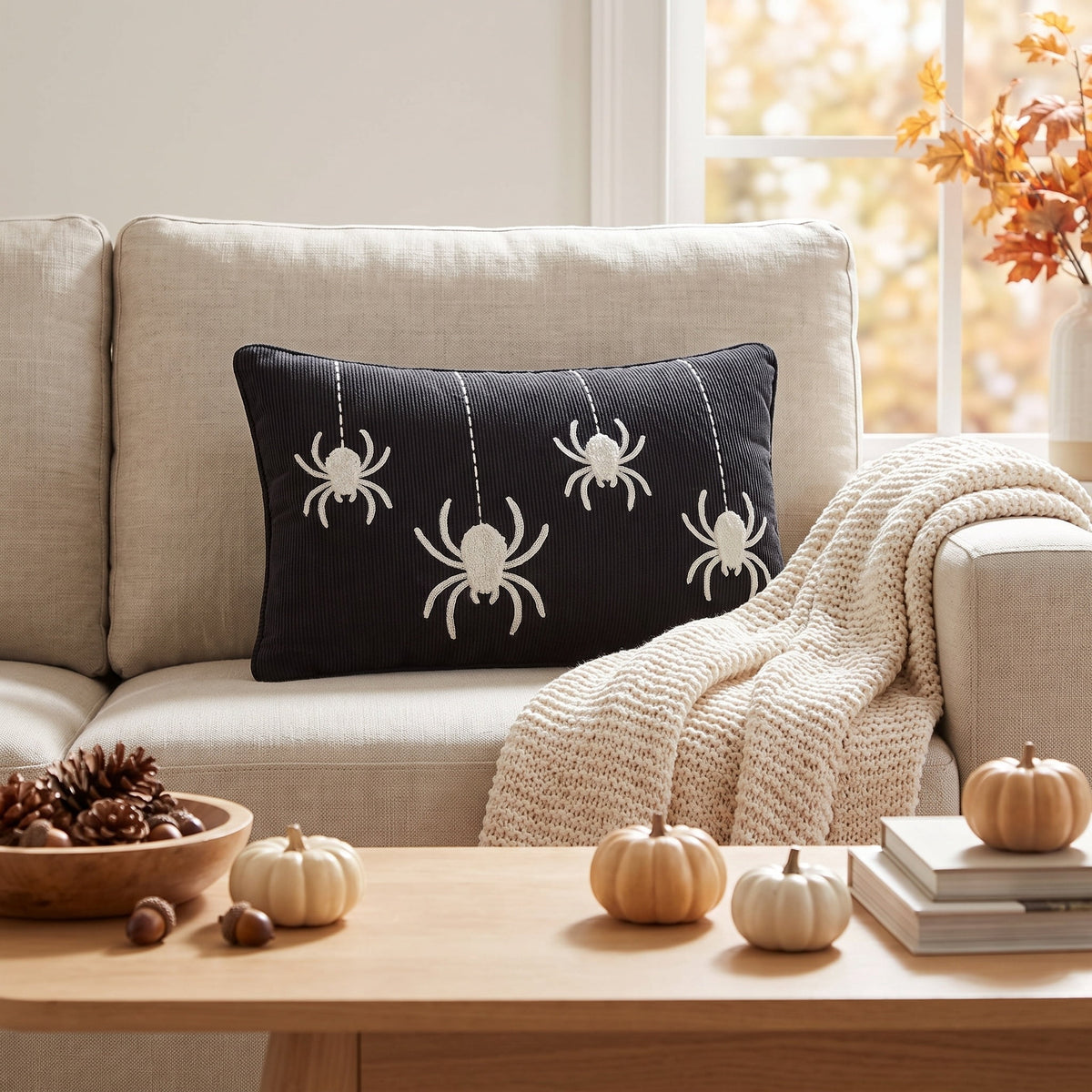 My Texas House Halloween Hanging Spiders Oblong Decorative Pillow, Black and Ivory, 14" x 20"