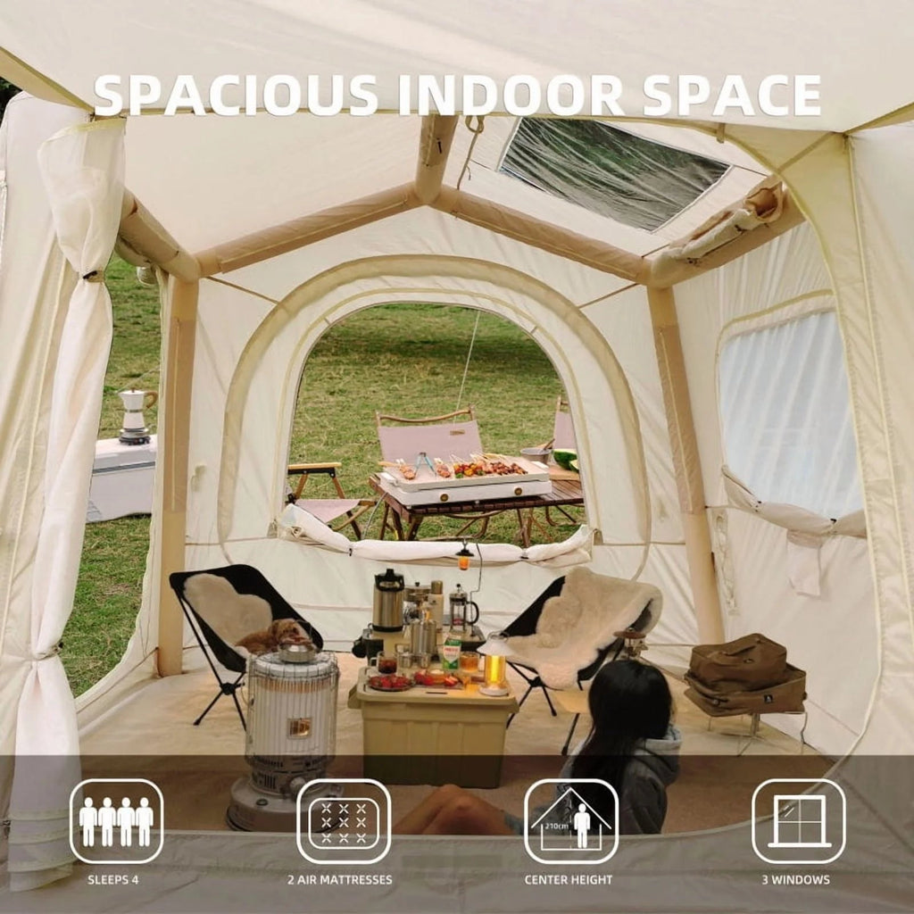 Beige Inflatable Camping Tent, 4-6 Person, 118in L x 98.5in W x 83in H, 4-Season, Oxford