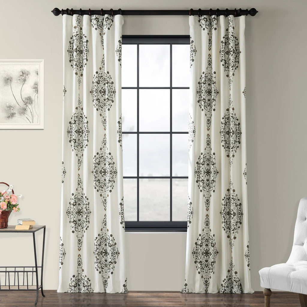 Medallion Damask Printed Cotton Room Darkening Curtain Panel, 1 Piece, 50 in W x 84/96/108/120 in L