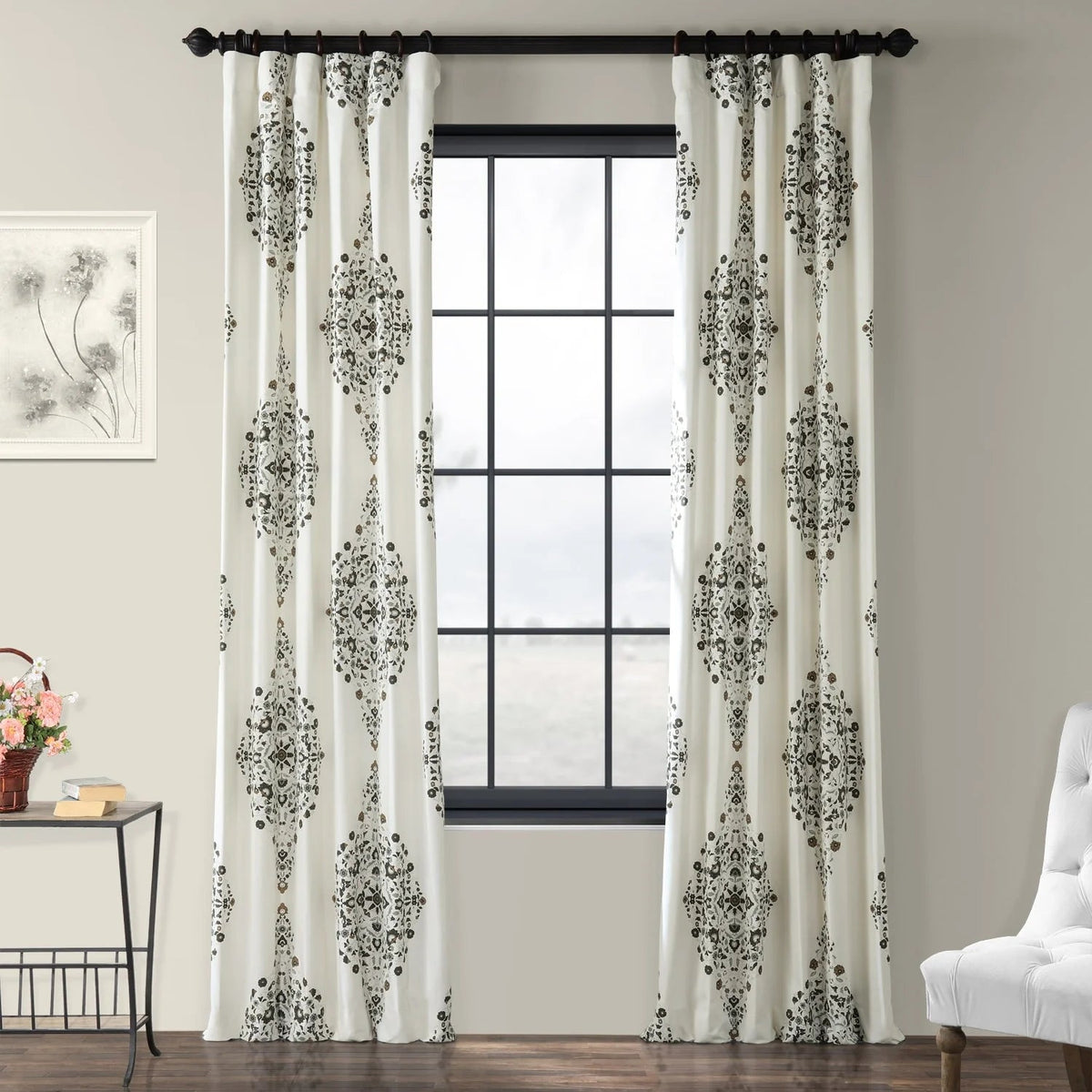 Medallion Damask Printed Cotton Room Darkening Curtain Panel, 1 Piece, 50 in W x 84/96/108/120 in L