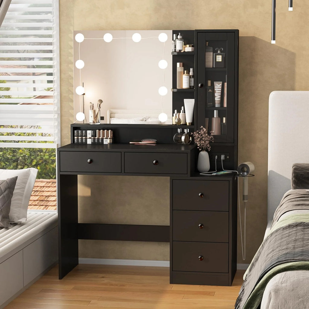 VEANERWOOD Makeup Vanity Desk With Lighted Mirror, Power Strip, 5 Drawers, White - 39.4in x 15.7in x 56.7in