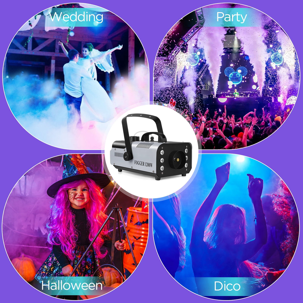 Halloween Fog Machine Smoke Machine 1200W with RGB LED Lights & Remote - Haze Smoke Generator for Halloween, Party, Stage, DJ, Club