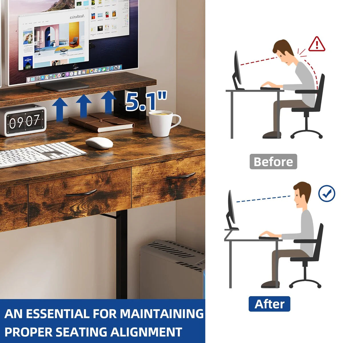 Computer Desk With 3 Fabric Drawers And Monitor Stand
