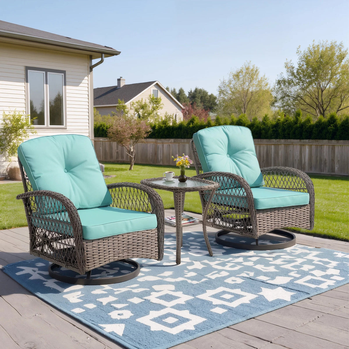 3-Piece Patio Swivel Rocking Chair Set With Glass Top Table - 2 Chairs