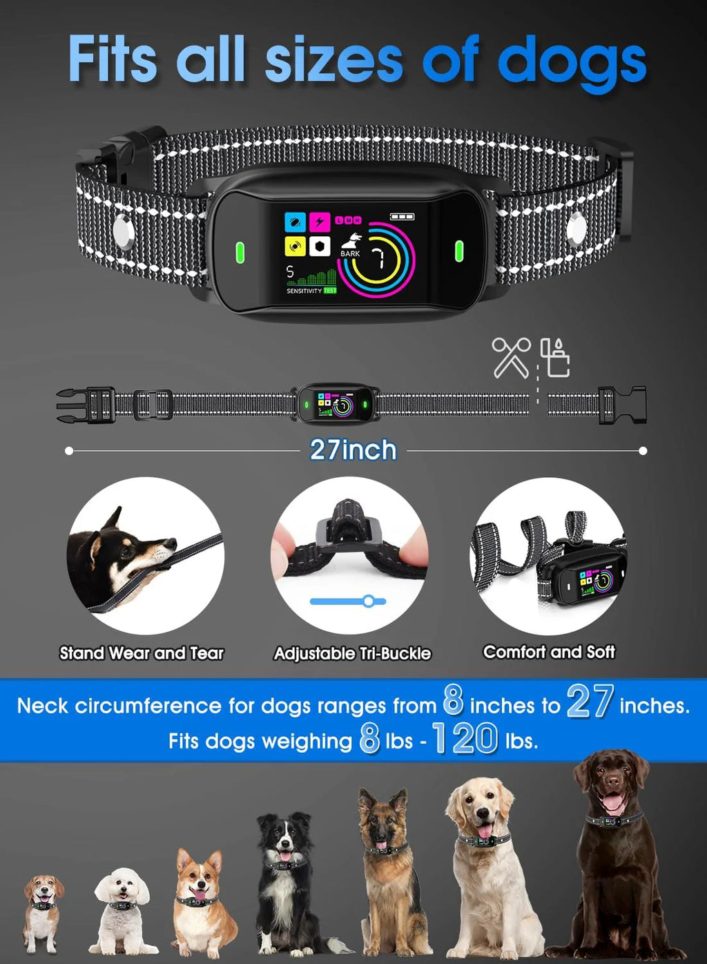 Smart Dog Bark Collar With 4 Training Modes, 5 Sensitivity Levels, Waterproof, Magnetic Charging - Black