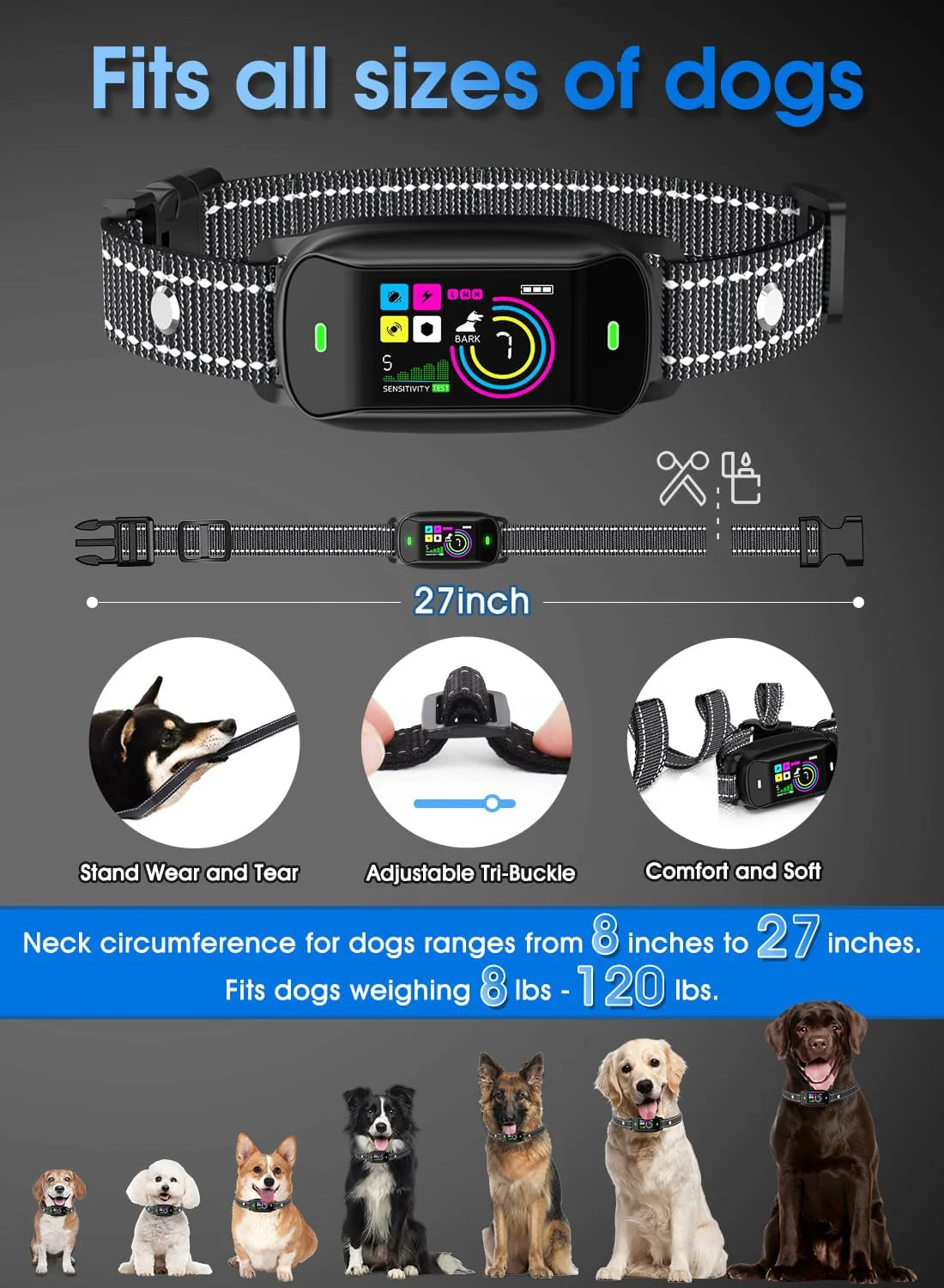 Smart Dog Bark Collar With 4 Training Modes, 5 Sensitivity Levels, Waterproof, Magnetic Charging - Black