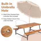 Acacia Wood Picnic Table Bench Set, 71in With 2in Umbrella Hole And Metal Frame