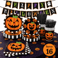 Halloween Paper Plates for Halloween Party Decoration Disposable Cups Napkins Table Cover for Halloween Banner Birthday Party Supplies Serve 20 Design 3