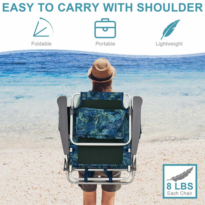 2-Pack 5-Position Outdoor Folding Backpack Beach Chairs With Side Table Set