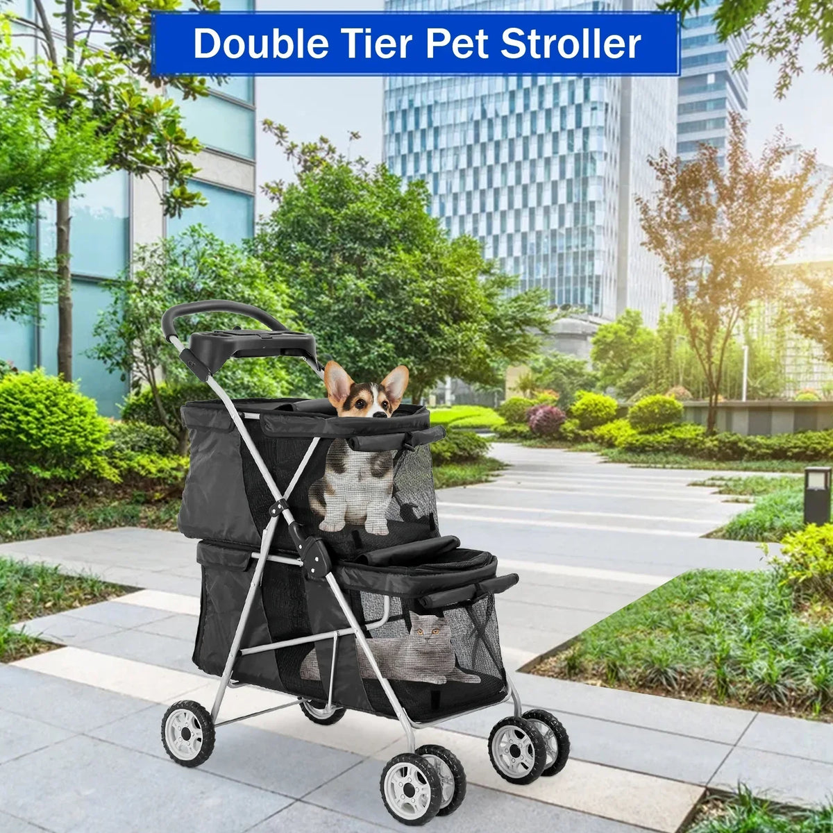 4-Wheel Foldable Pet Stroller With 2 Cages