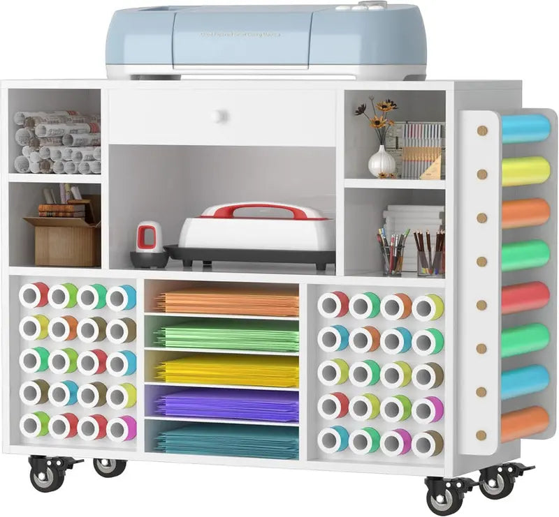Rolling Craft Storage Cart For Cricut Machines With 48-Spool Vinyl Holder, 41.93 x 14.2 x 31.1 Inches