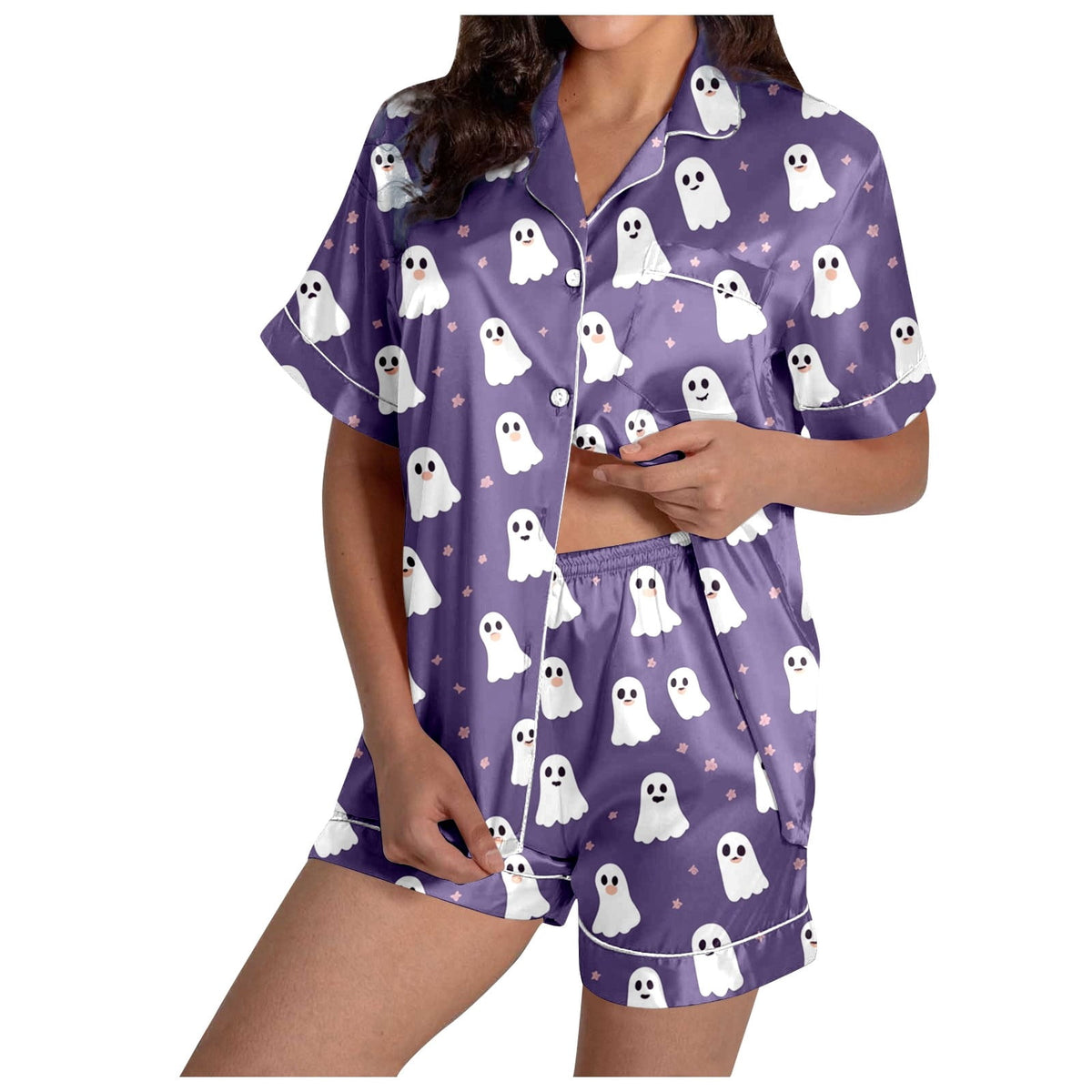 MEZZALL Women Halloween Printed Pajama With Lapel Collar Short Sleeve Tops And Shorts For Home Wear Cozy For Lightweight And Breathable Comfort Relaxed Fit 2 Piece Pjs