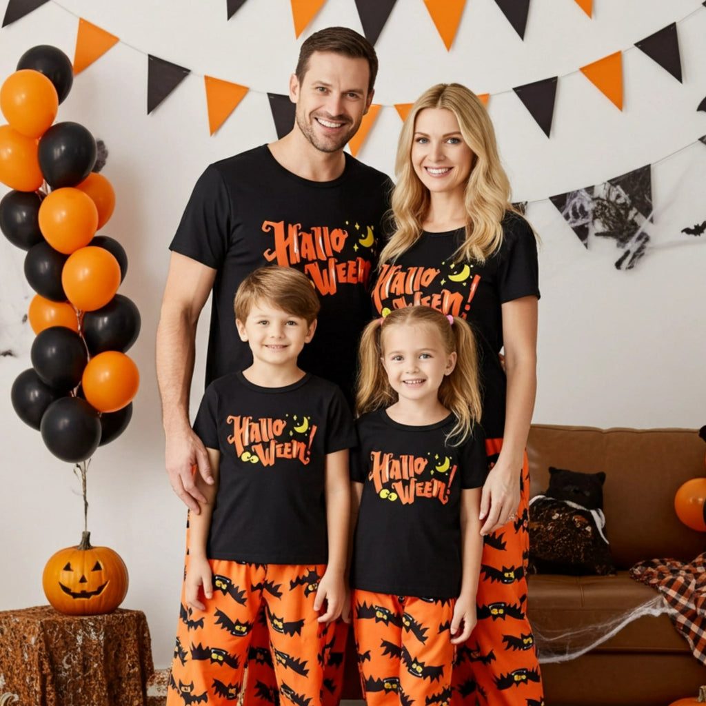 PatPat Halloween Pajamas Kids Holiday Pjs Family Matching Letter & Bat Print Short Sleeve Sleepwear Sets for Women Girls Boys, Black & Orange, L