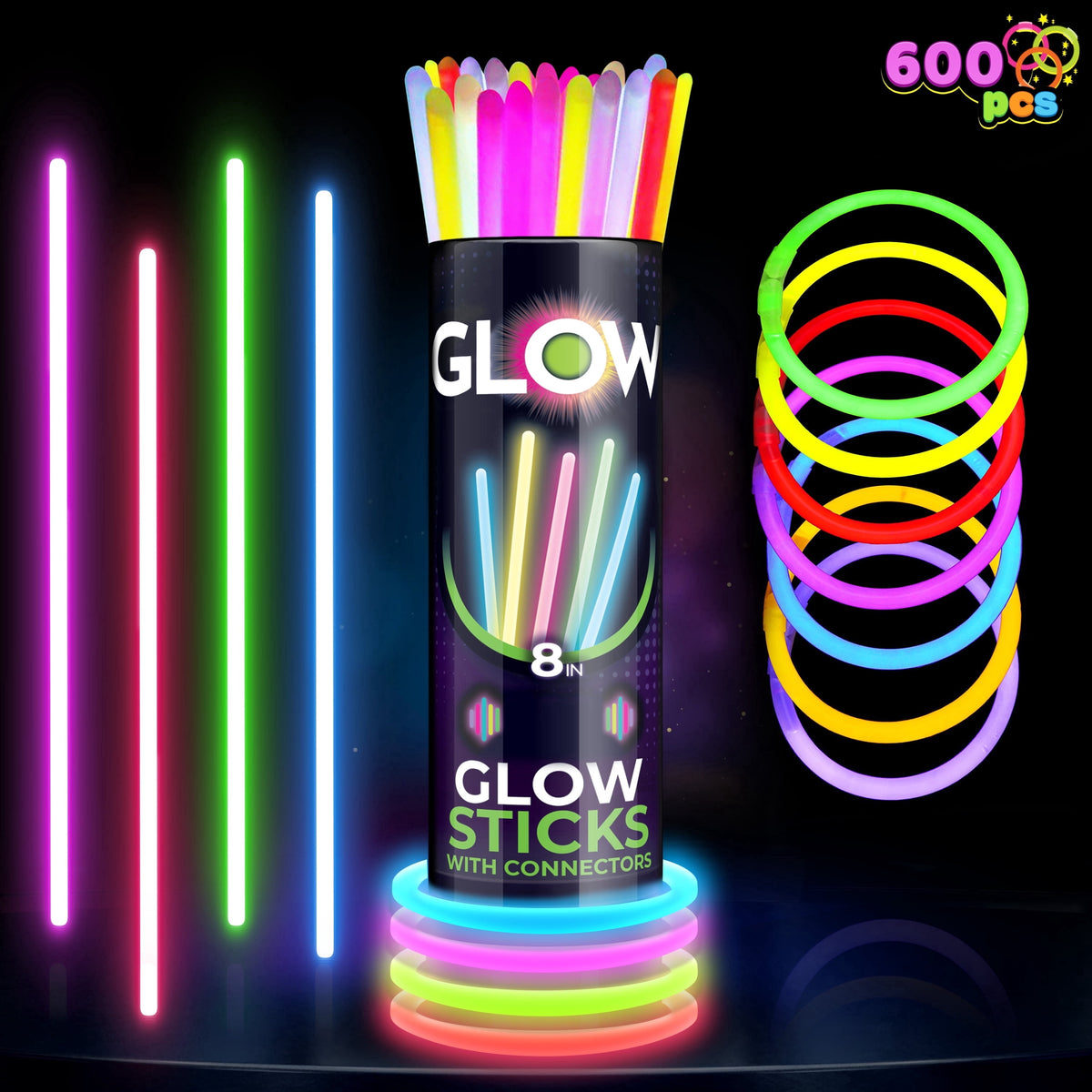 Joyfy 100 Pcs Glow Sticks Bulk, 8" Glow in The Dark Neon Party Supplies, Glow Bracelets and Necklaces Party Pack
