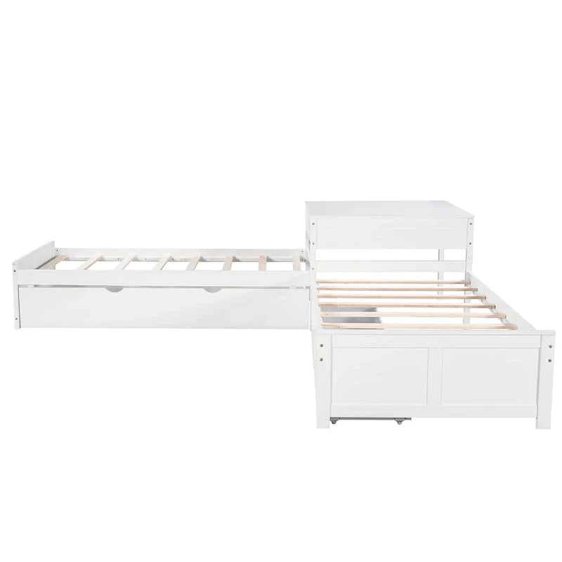 White Twin Size L-Shaped Platform Bed With Trundle And 2 Drawers