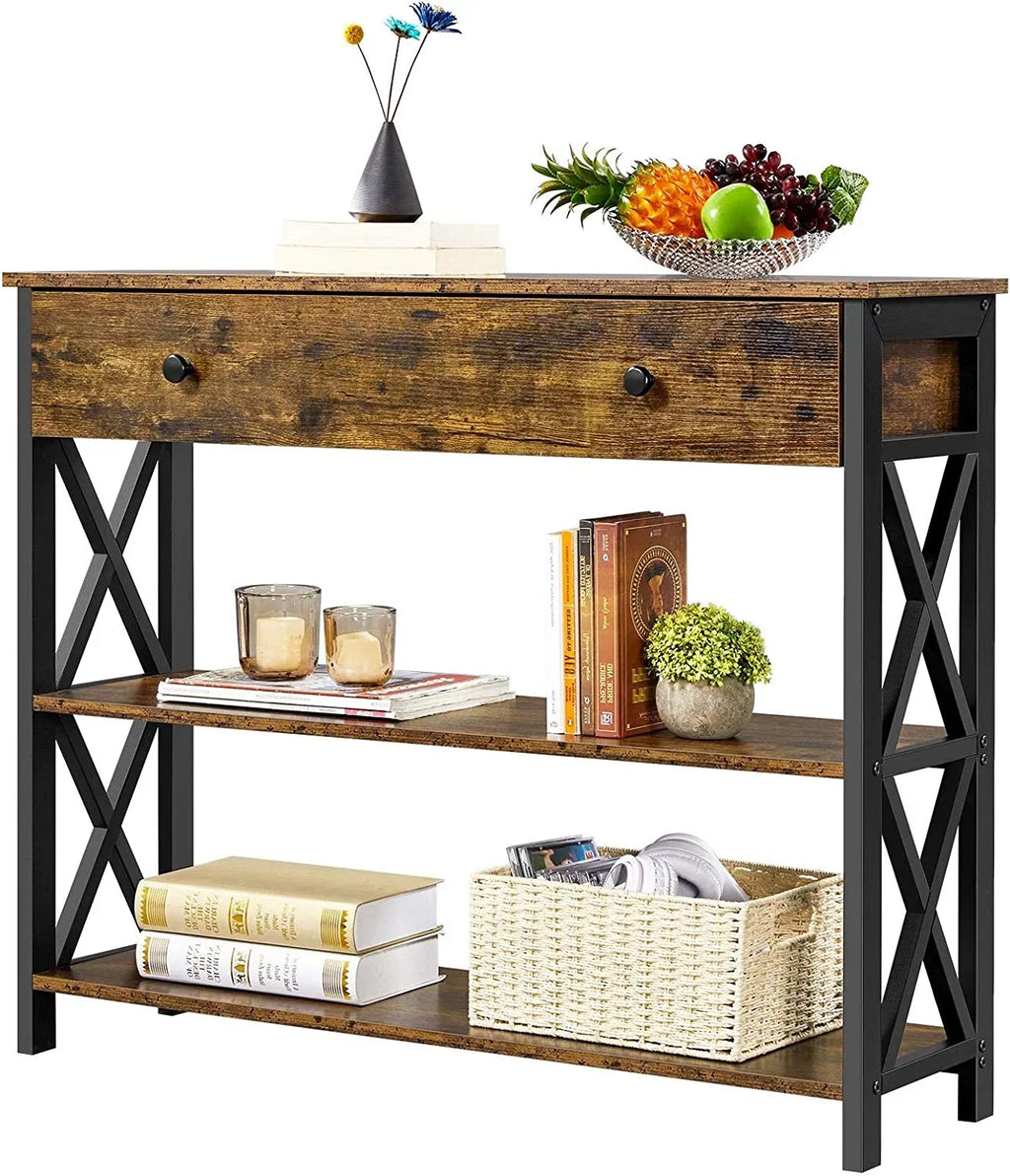 Console Table With Drawer And 3 Tier Storage Shelves