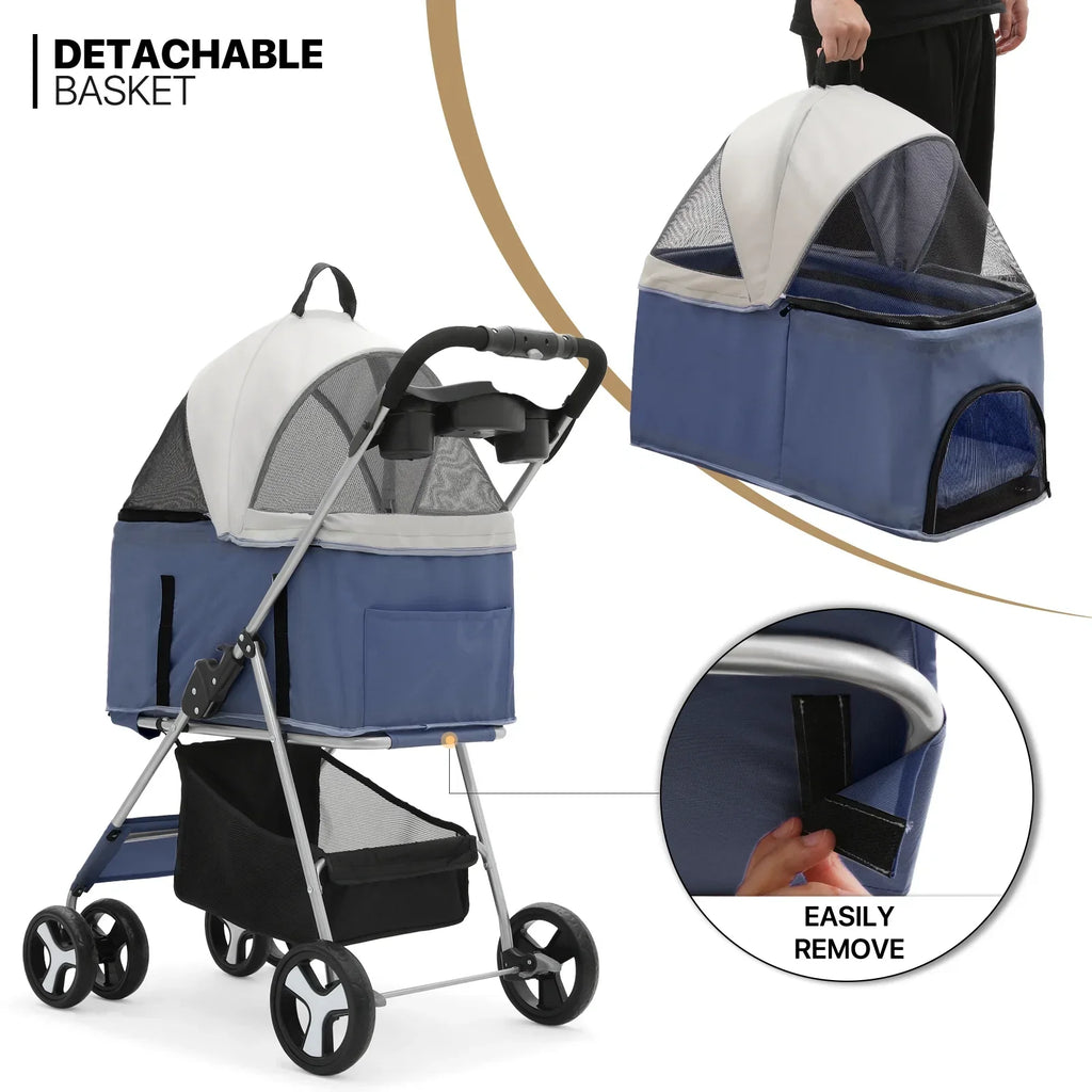 MoNiBloom 4-Wheel Foldable Pet Stroller, 33 lbs, Navy Blue