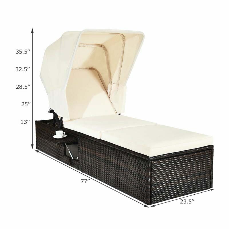 Cushioned Rattan Outdoor Chaise Lounge Chair With Folding Canopy, Flip-Up Tea Table And 5 Positions