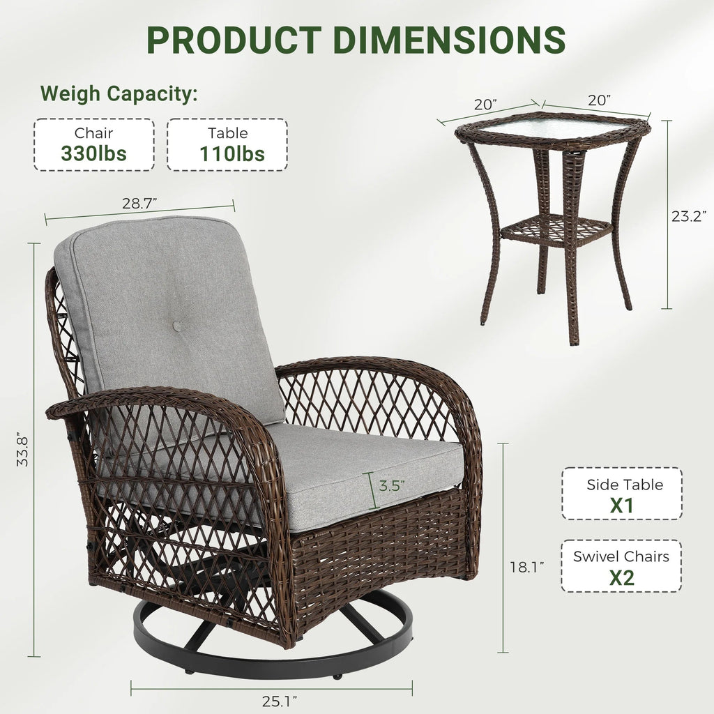 3-Piece Patio Swivel Rocking Chair Set With Glass Top Table - 2 Chairs