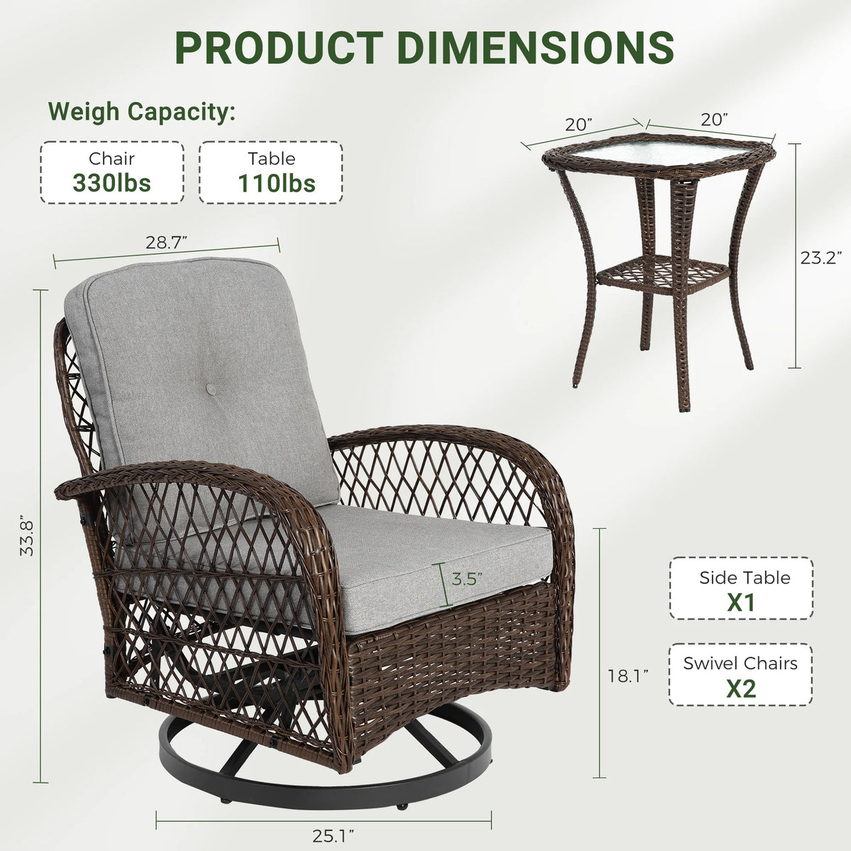 3-Piece Patio Swivel Rocking Chair Set With Glass Top Table - 2 Chairs