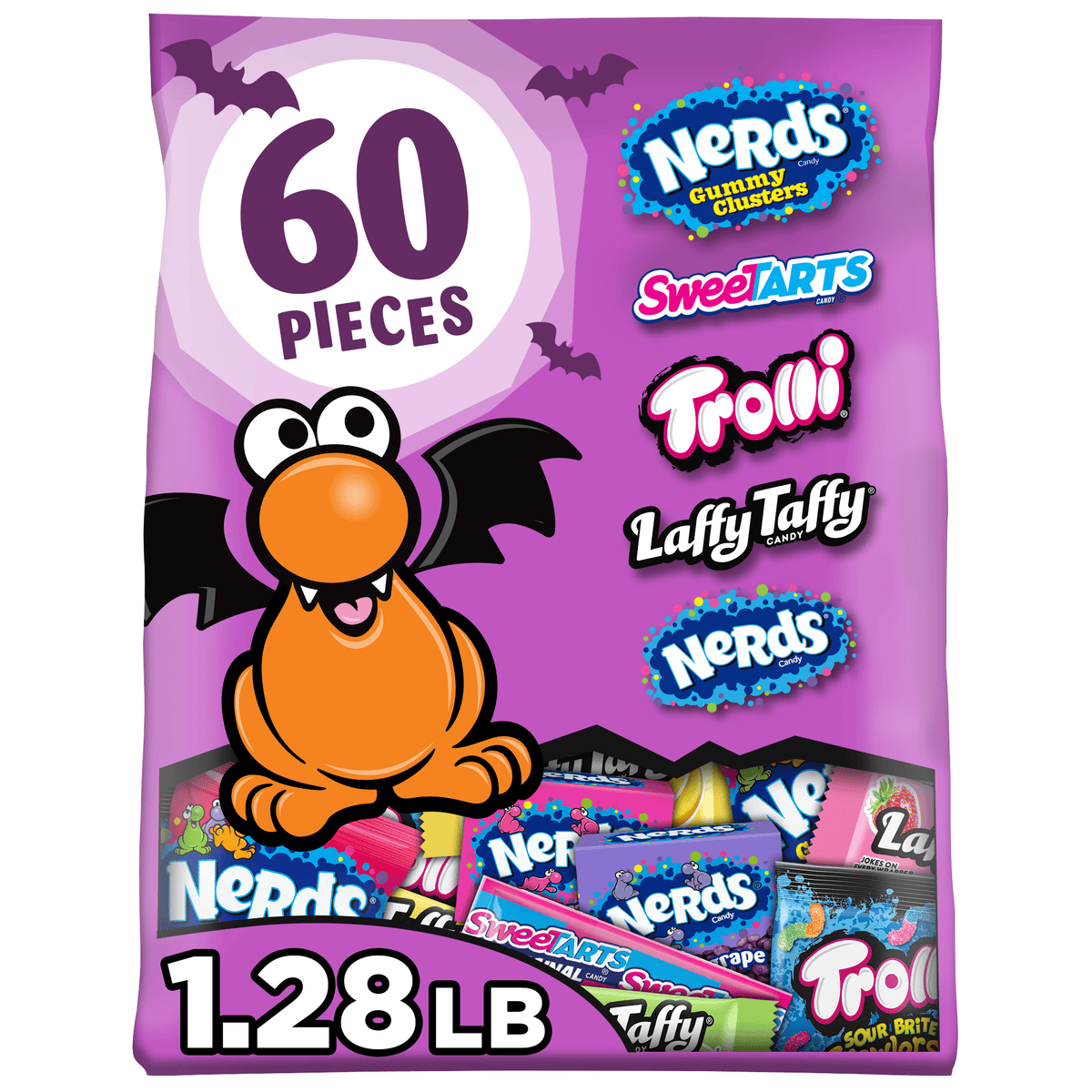 Nerds Core Winners Halloween Trick-or-Treat Variety Bag, NERDS Gummy Clusters, SweeTARTS, Trolli, Laffy Taffy, and NERDS Original, 60 Pieces, 20.58 Ounces