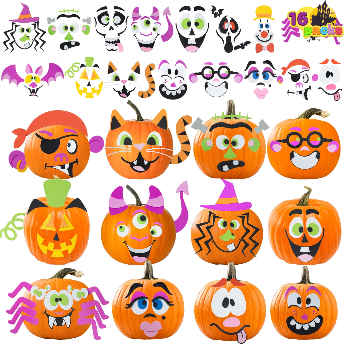 Joyfy 16 Faces Halloween Pumpkin Decorations Stickers Foam Craft Kit, 18 Sheets 16 Designs Halloween Party Favors for Kids, Party Supplies Arts Activities, Jack O Lantern Face Sticker School Gifts