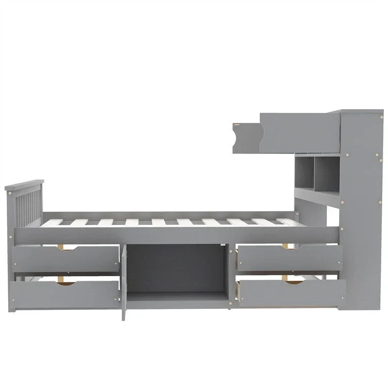 Twin/Full Captain Platform Bed With 4 Drawers And Storage Bookcase Headboard