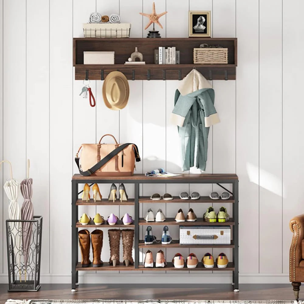 5-in-1 Entryway Hall Tree With Coat Rack, Shoe Bench, 7 Hooks, 3 Cubbies And 3-Tier Shoe Rack