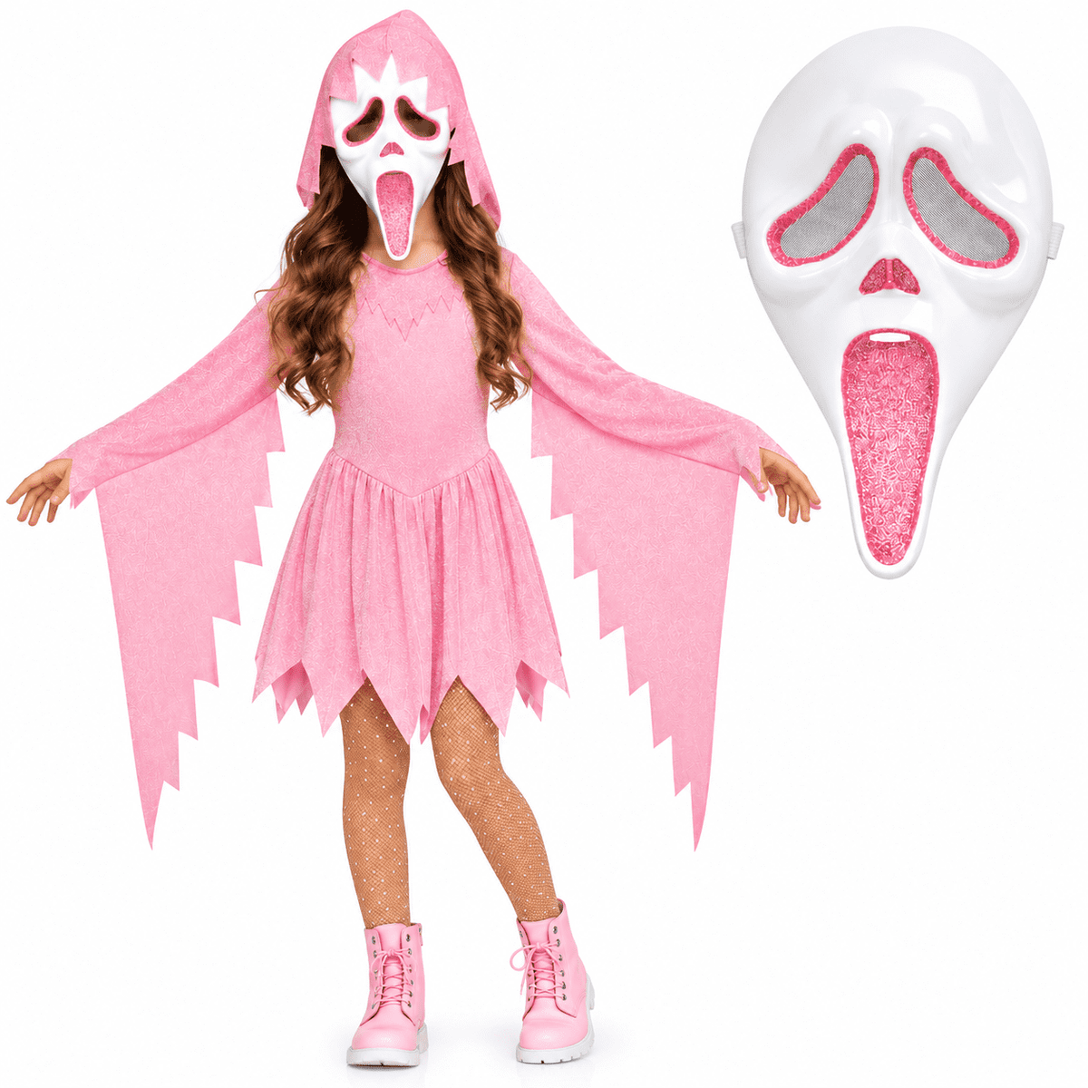 Pink Glitter Ghost Halloween Costume for Girls, Hooded Cosplay Dress with Mask, Spooky Horror Party Outfit