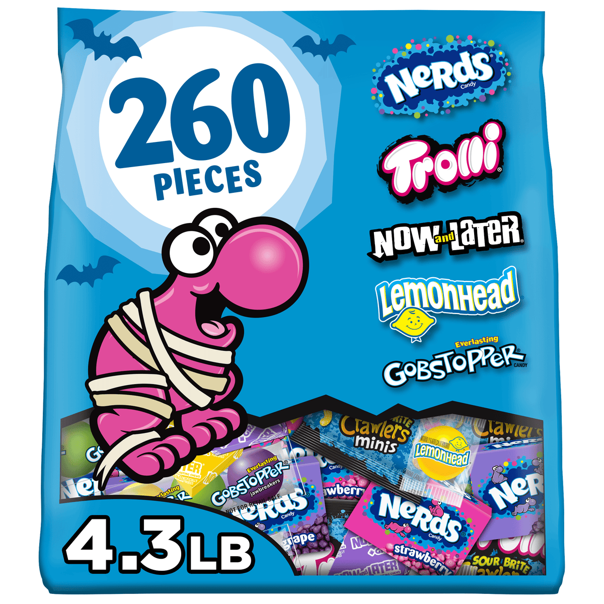 Nerds Classic Fun Halloween Trick-or-Treat Variety Bag, Trolli, Now and Later, Lemonhead, Gobstopper, and NERDS Original, 260 Pieces, 68.8 Ounces