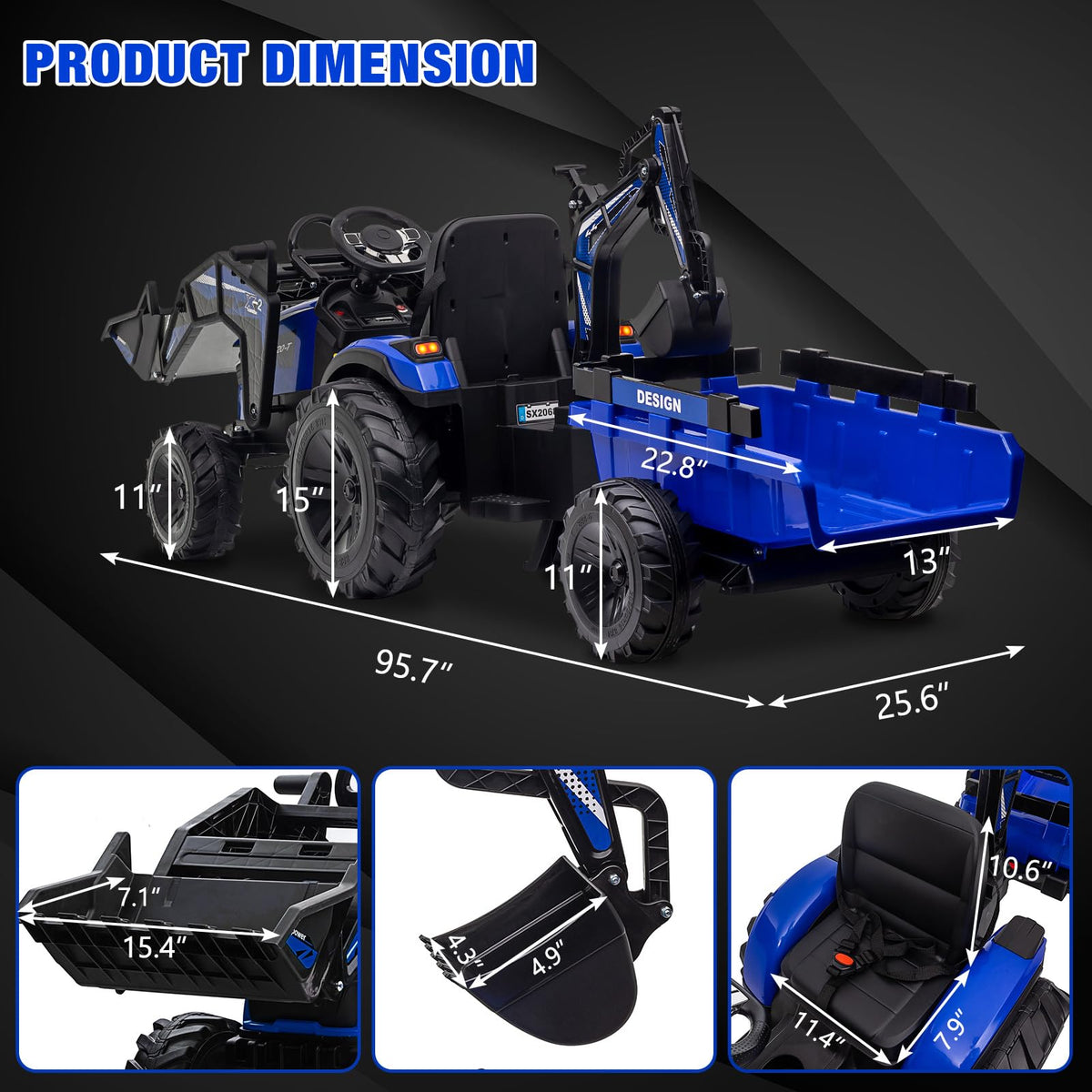 3-in-1 Ride-On Tractor 24V Electric Excavator & Bulldozer With Remote Control, LED, Music, USB/Bluetooth - Bright-Blue