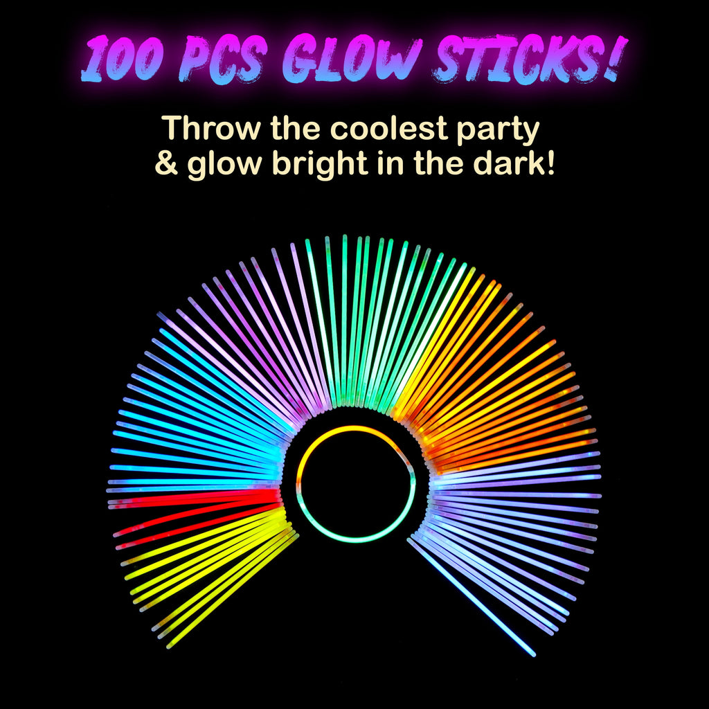 Joyfy 100 Pcs Glow Sticks Bulk, 8" Glow in The Dark Neon Party Supplies, Glow Bracelets and Necklaces Party Pack