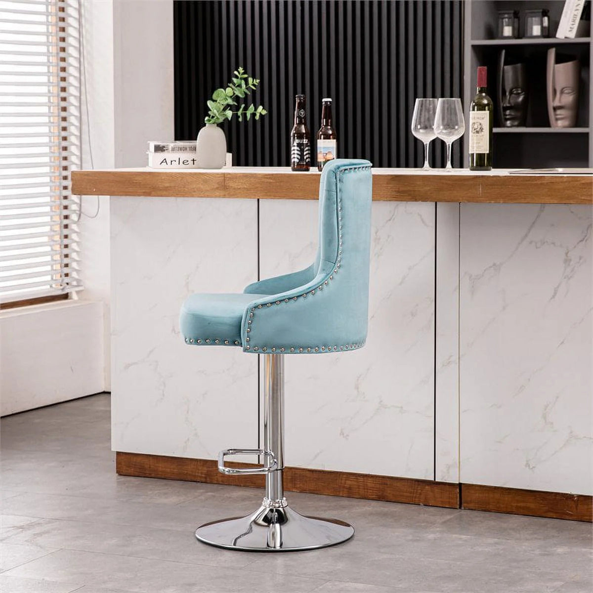 Alexent 2-Piece Swivel Bar Stools, Dark Blue, 43.7-51.6 H, 19.3 W x 18.1 D - Silver Footrest