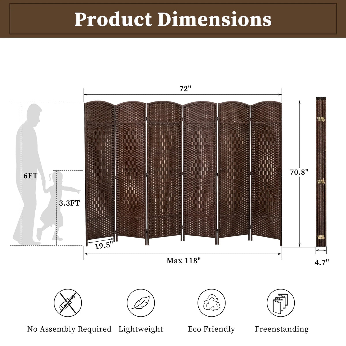Freestanding Folding Woven Fiber Room Divider Privacy Screen - 6 Ft Tall