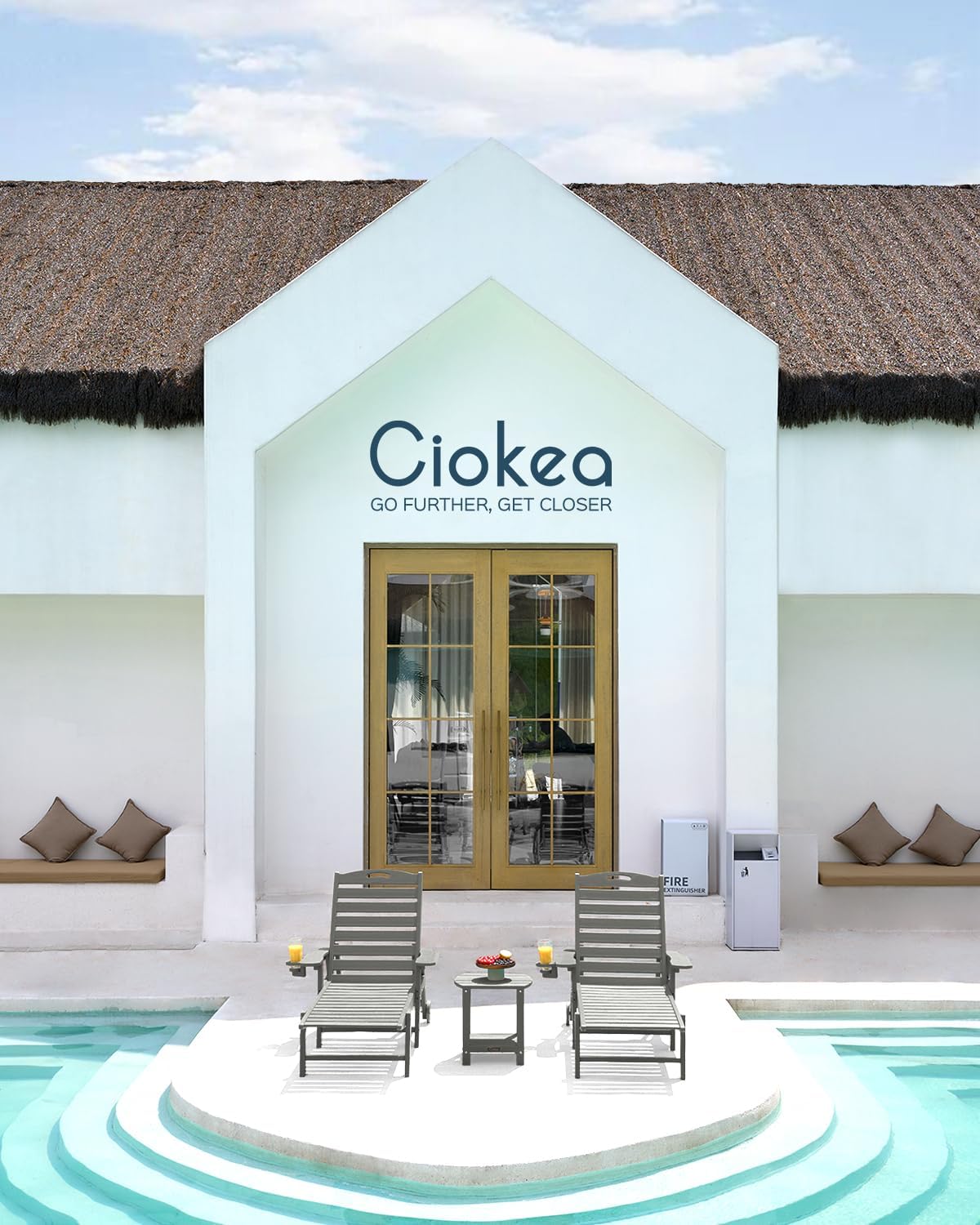Ciokea Outdoor Oversized HDPE Chaise Lounge Chair With Wheels, Cup Holder And 5 Positions