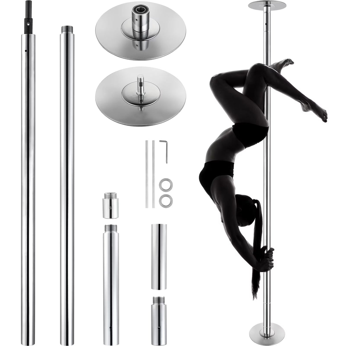 KFFKFF Dance Pole Set, 45mm Stainless Steel, Silver - HM-590S
