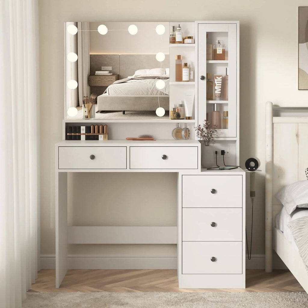 VEANERWOOD Makeup Vanity Desk With Lighted Mirror, Power Strip, 5 Drawers, White - 39.4in x 15.7in x 56.7in