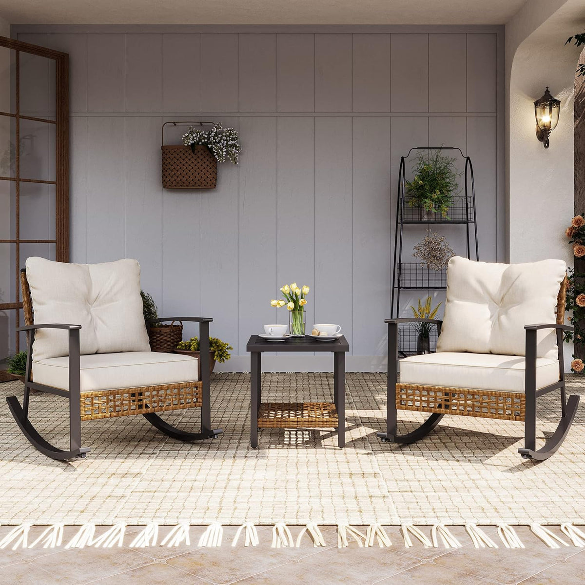 LAUSAINT HOME 3-Piece Rattan Rocking Bistro Set With 2-Tier Coffee Table, Beige