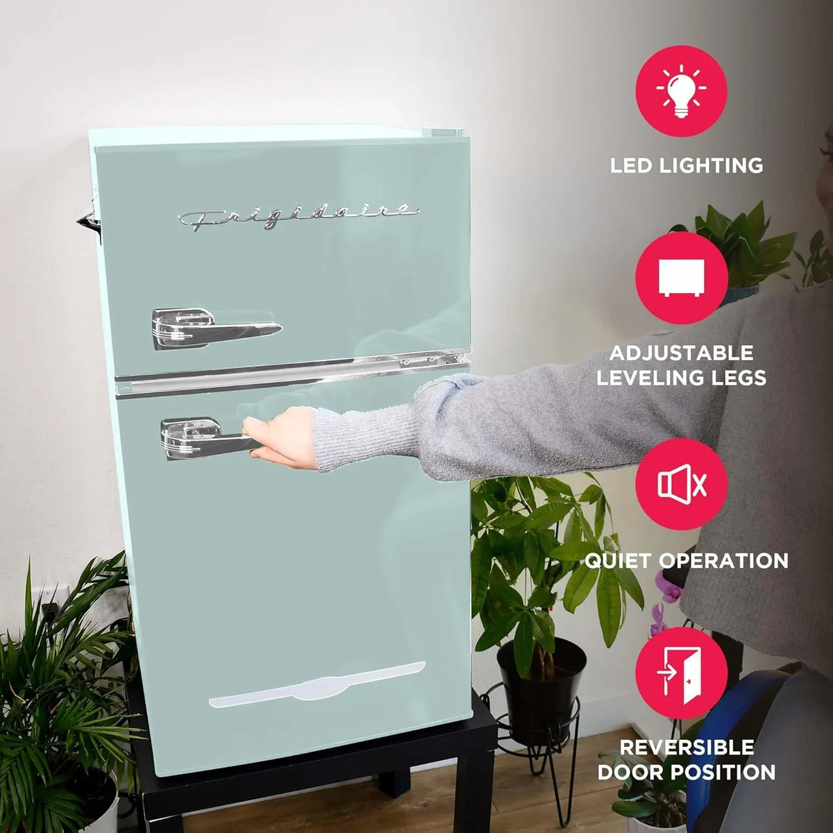 Frigidaire Retro 2 Door Mini Refrigerator With Freezer And Side Bottle Opener, 3.1 Cu Ft, 19in D x 20.5in W x 33.5in H