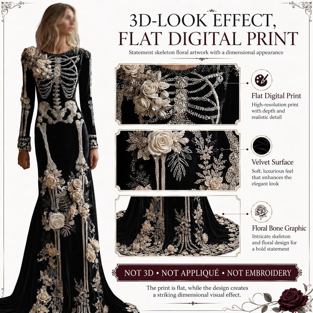 Women Skeleton Dress 3D Print Velvet Floral Long Sleeve Halloween Costumes, Skeleton Costume for Women Cosplay Party